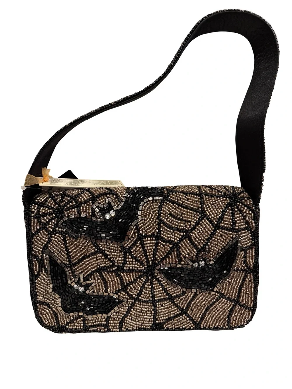 Viral Bat Spiderweb Beaded Bag Black Gold NWT